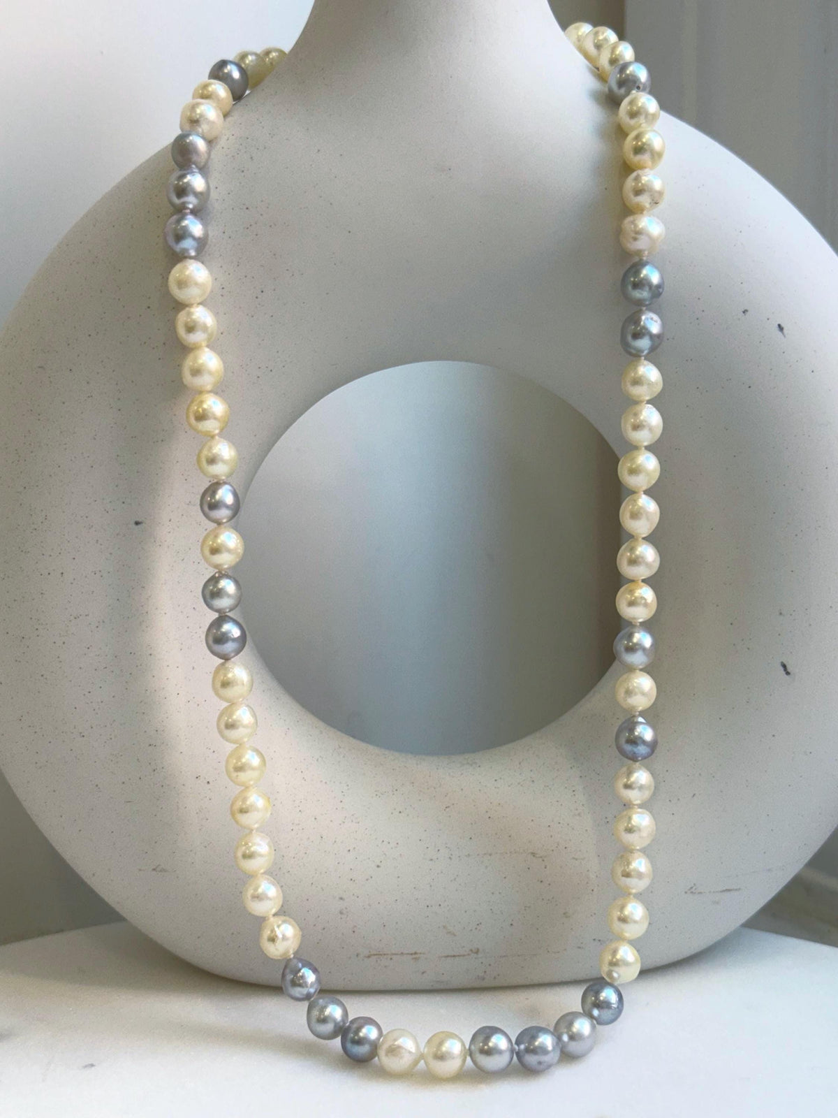 Elly’s 7-7.6mm 62pcs Akoya Silver Golden Ocean pearls necklace choker:  Extreme luster mirrored, knotted 20.1”, S925 silver necklace. gift for her