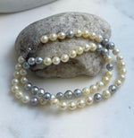Elly’s 7-7.6mm 62pcs Akoya Silver Golden Ocean pearls necklace choker:  Extreme luster mirrored, knotted 20.1”, S925 silver necklace. gift for her cool pearl necklace