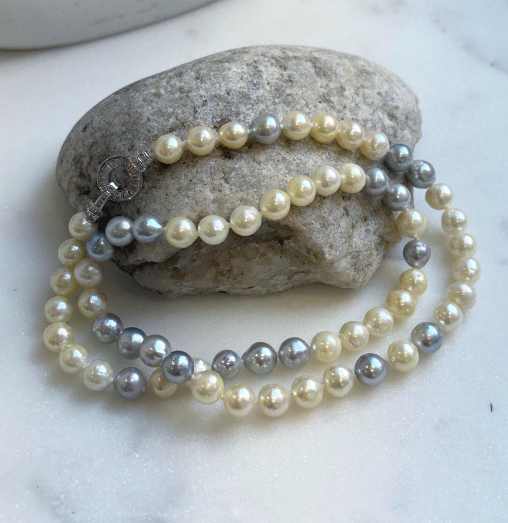 Elly’s 7-7.6mm 62pcs Akoya Silver Golden Ocean pearls necklace choker:  Extreme luster mirrored, knotted 20.1”, S925 silver necklace. gift for her cool pearl necklace