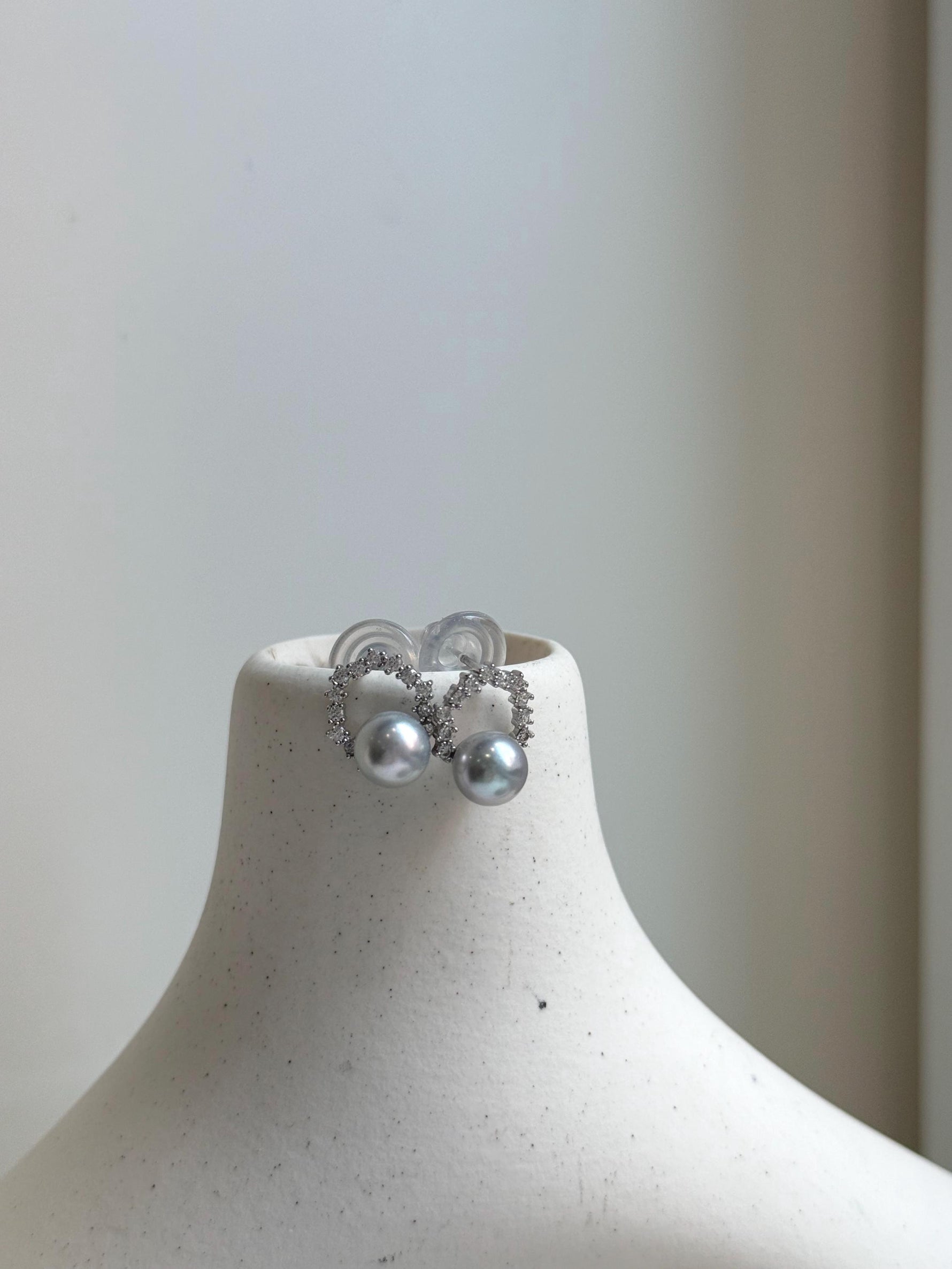 Elly’s 7.3mm Japanese Akoya ocean pearls Floral Ring Earrings Studs: Extreme luster mirrored, Blue silver pearls, S925 silver earrings. gift for her daily office pearls earrings