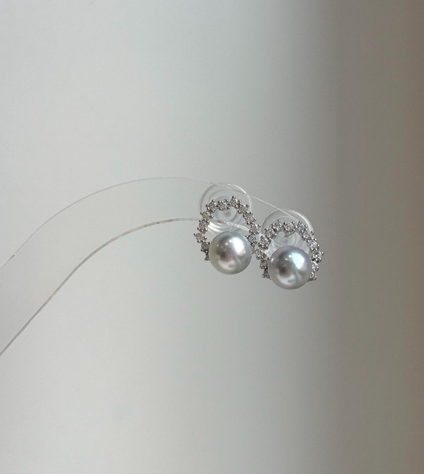 Elly’s 7.3mm Japanese Akoya ocean pearls Floral Ring Earrings Studs: Extreme luster mirrored, Blue silver pearls, S925 silver earrings. gift for her