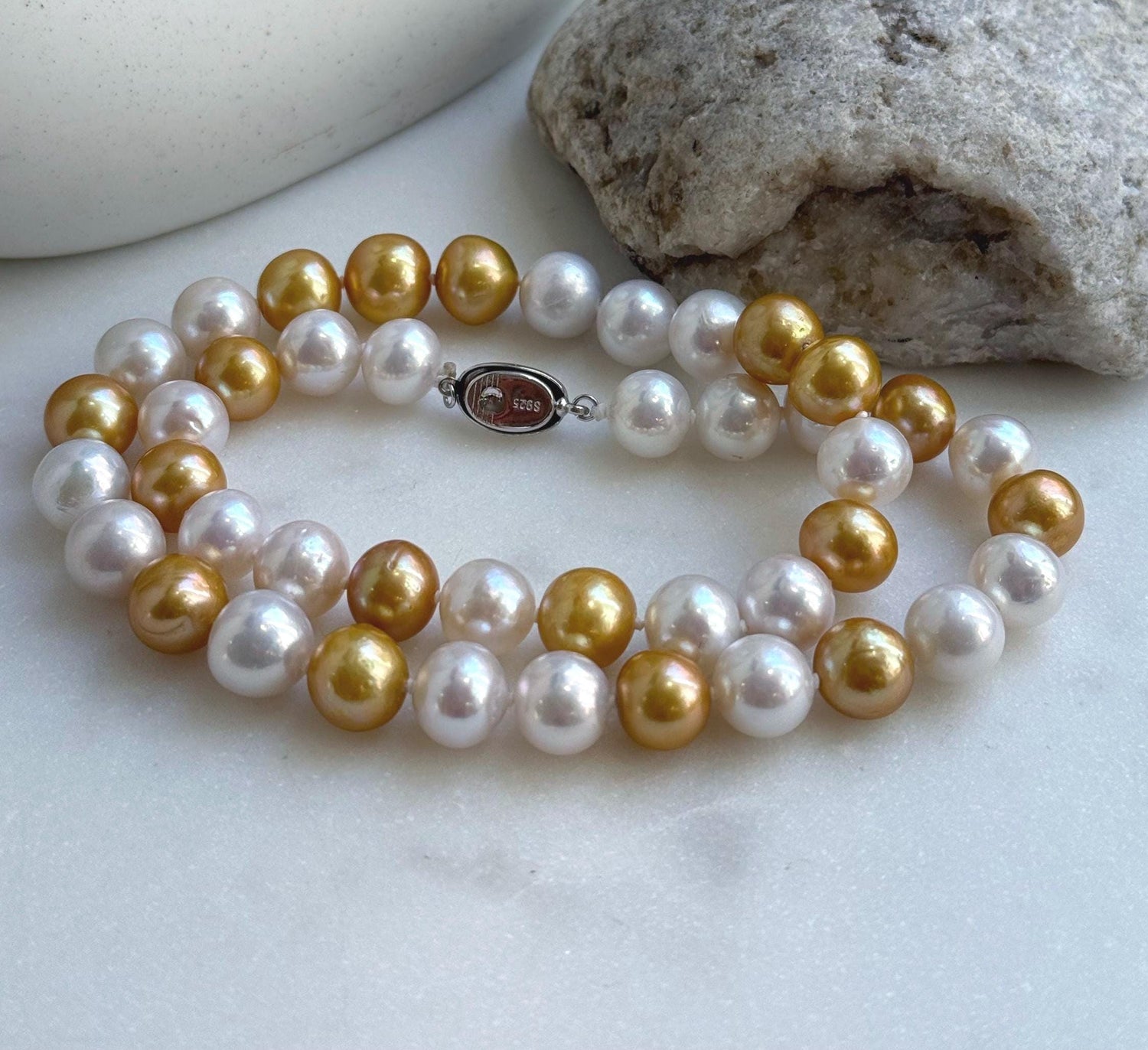 Elly’s 43pcs Insale White golden Edison Pearls Necklace Strand: Extreme luster, 10-11.2mm, 18.5”, S925 silver necklace.