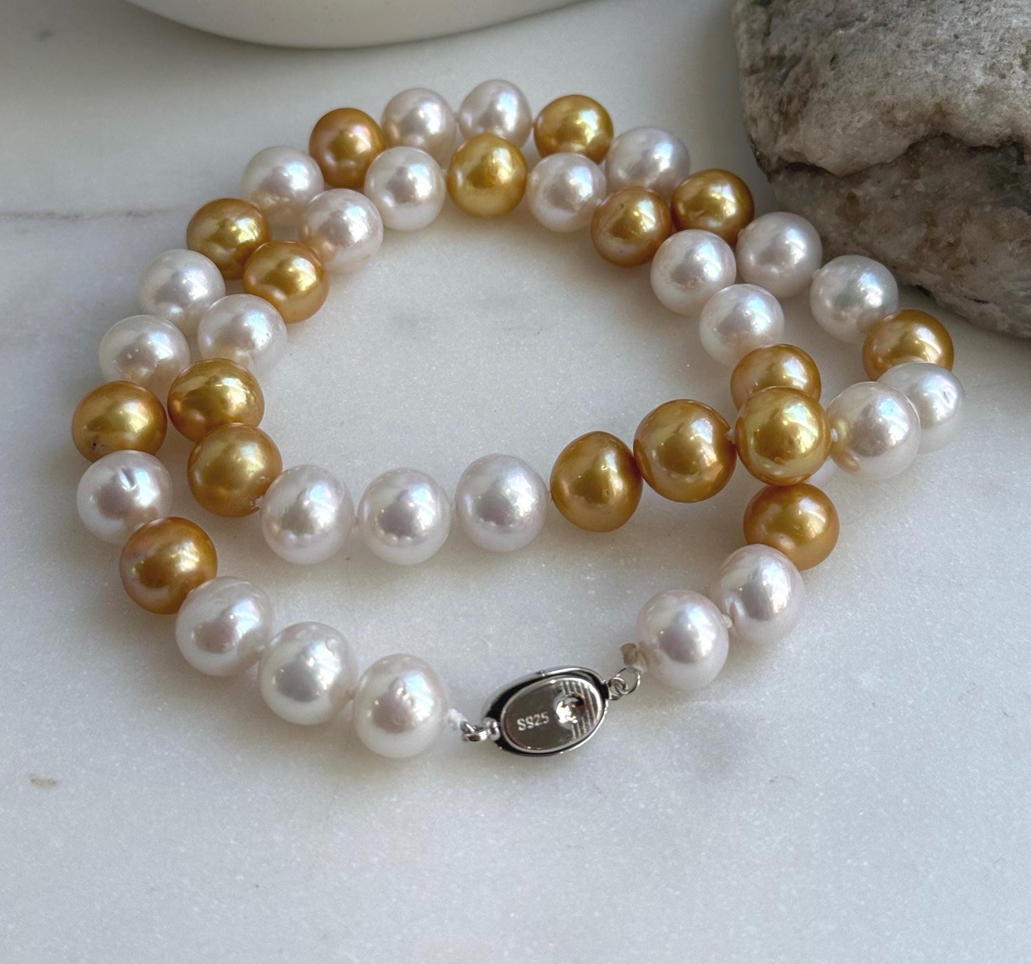Elly’s 43pcs Insale White golden Edison Pearls Necklace Strand: Extreme luster, 10-11.2mm, 18.5”, S925 silver necklace.