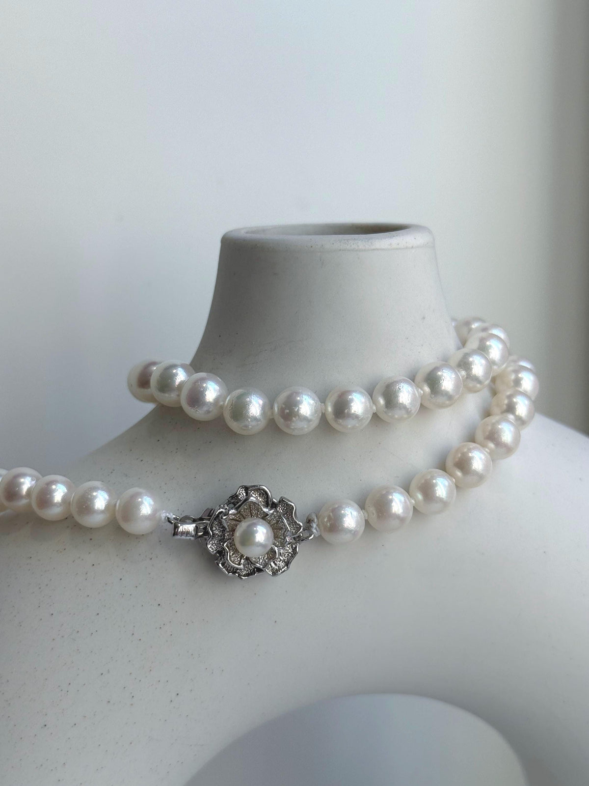 Elly’s 7.1-7.5mm 58pcs Akoya off white ocean pearls necklace:Extreme luster mirrored, knotted, 18.3”, S925 silver necklace strand. gift for her holiday