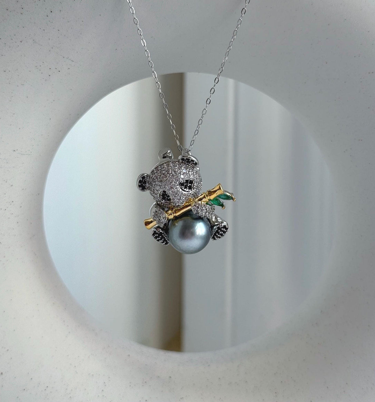 Elly’s 10.3mm Tahitian silver platinum Ocean Panda Brooch Pendant 2in1: Extreme Luster mirrored, 2.2x2.3cm, gift for her