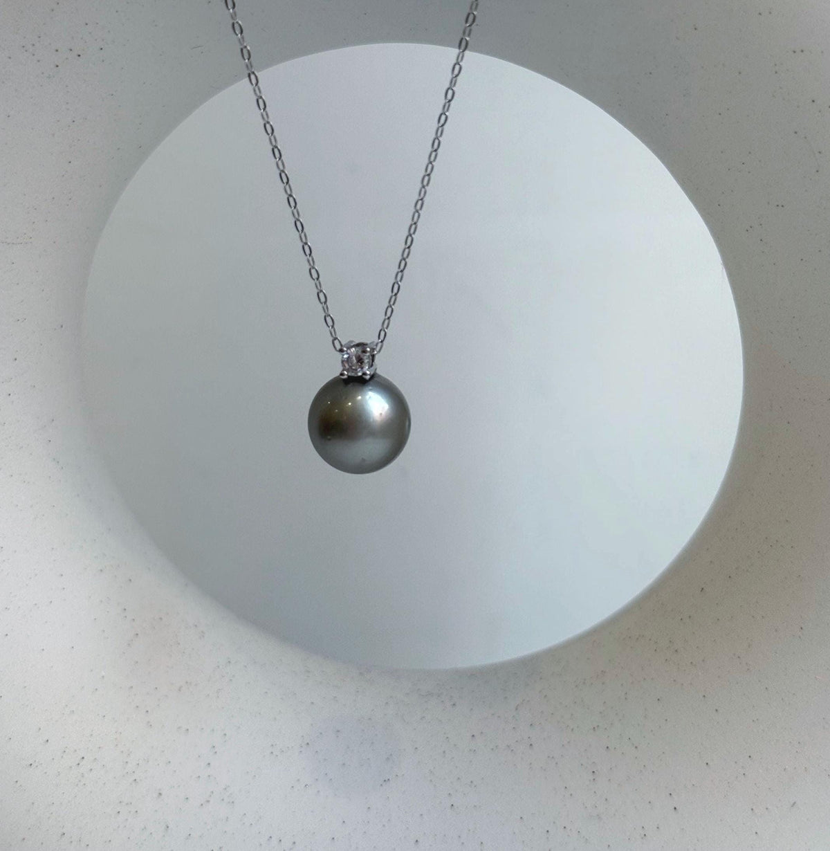 Elly’s 10.8mm Tahitian platinum ocean pearl pendant: Extreme luster mirrored, 1.4cm high, S925 silver pendant chain set. gift for her
