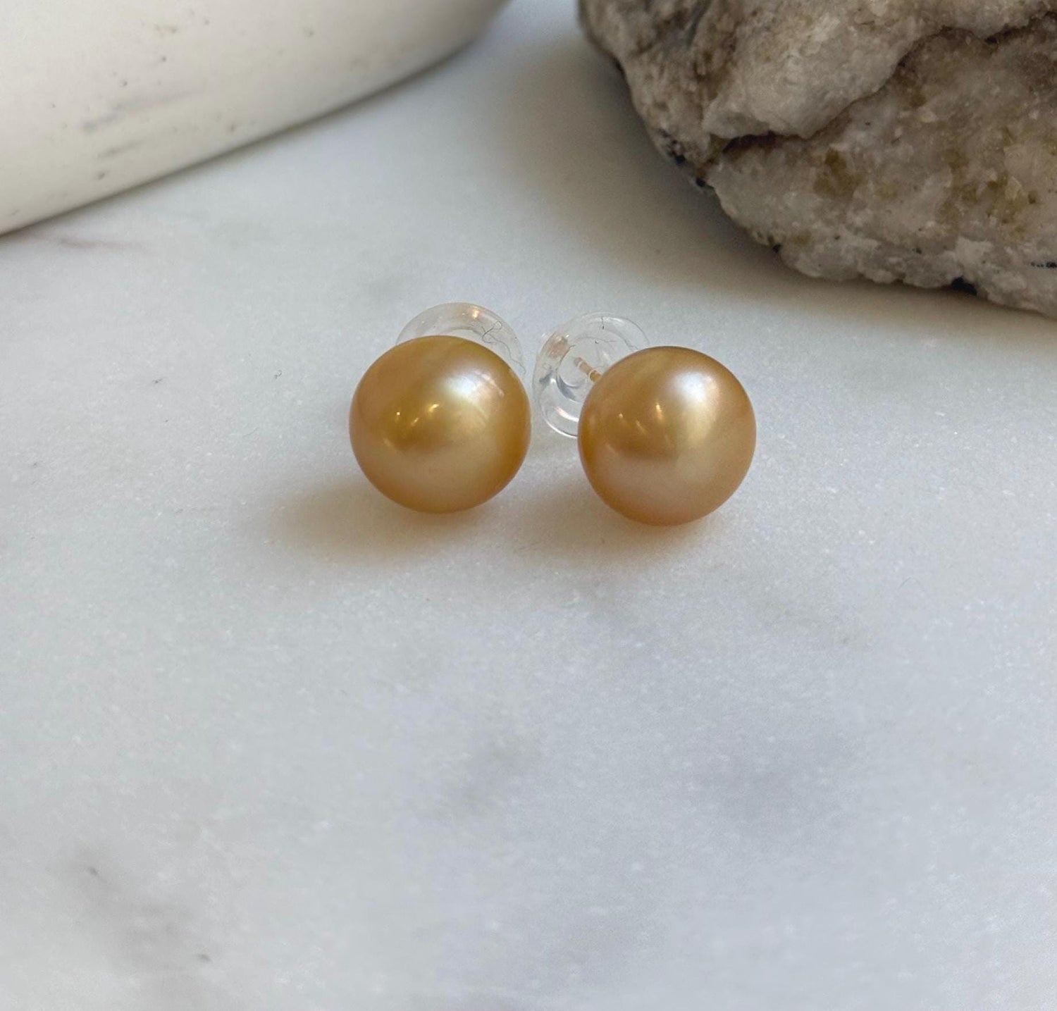 Elly’s 12.5mm Genius natural South sea golden ocean Pearls Earrings studs: Strong luster, S925 silver minimalist earrings studs.