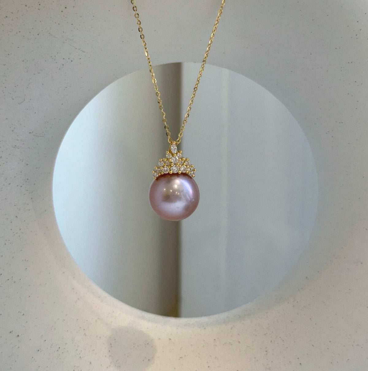 Elly’s Insale 13.7mm rose mauve Edison Pearl pendant: Extreme luster mirrored, 2.2cm S925 silver minimalist pendant chain set. gift for her