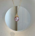 Elly’s Insale 13.7mm rose mauve Edison Pearl pendant: Extreme luster mirrored, 2.2cm S925 silver minimalist pendant chain set. gift for her
