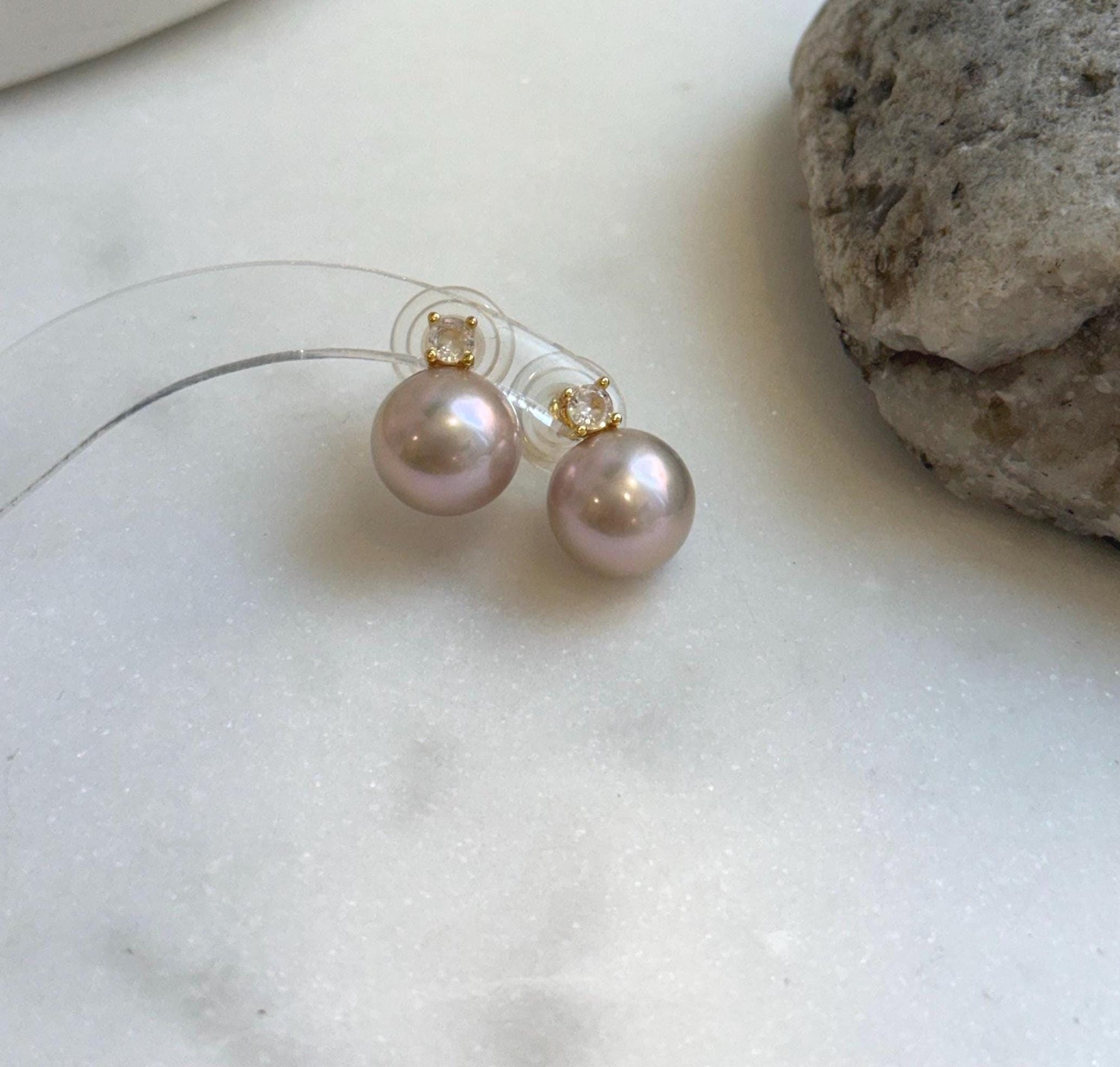 Elly’s 5A 11.4mm Edison Rose Pearls Earrings studs: Extreme luster Mirrored, S925 silver Classic earrings studs with zircon. gift for her