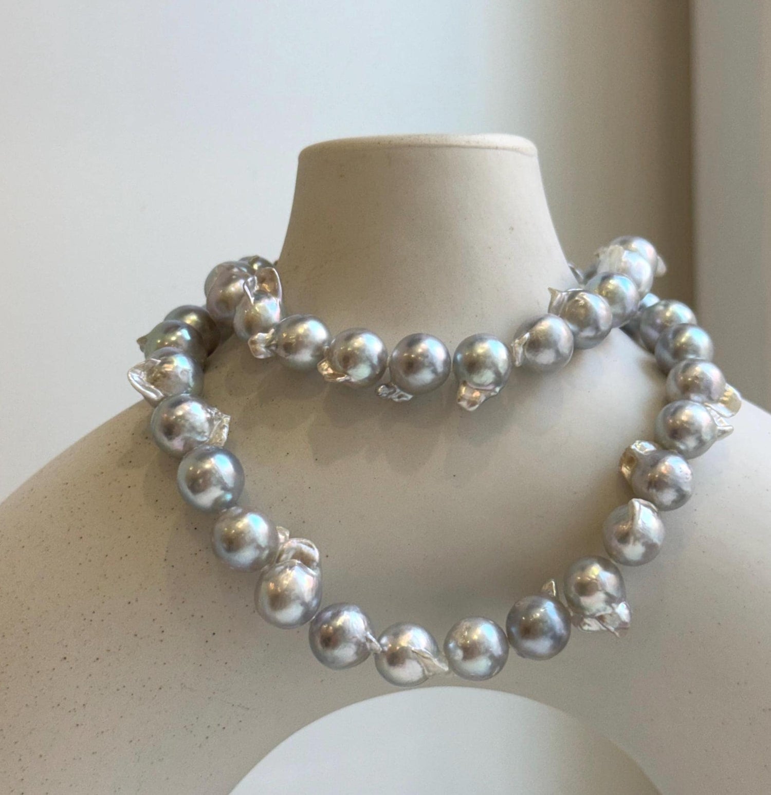Elly’s 7.5-9.1mm 47pcs Genius Akoya natural blue silver ocean pearls necklace:Extreme luster mirrored, knotted, 17.1”, S925 silver necklace. gift for her cool pearls necklace
