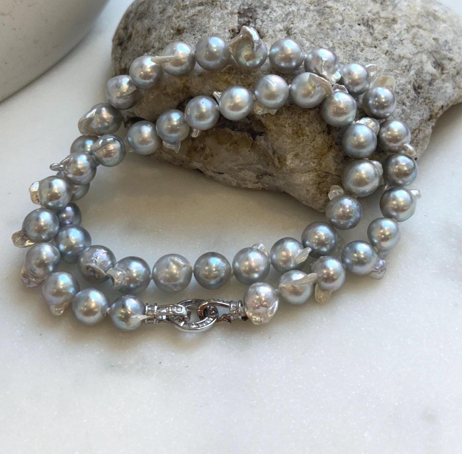 Elly’s 7.5-9.1mm 47pcs Genius Akoya natural blue silver ocean pearls necklace:Extreme luster mirrored, knotted, 17.1”, S925 silver necklace. gift for her cool pearls necklace