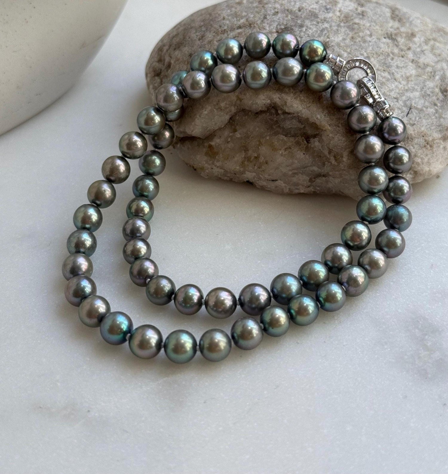 Elly’s 7-7.5mm 57pcs Akoya peacock green ocean pearls necklace:Extreme luster mirrored, knotted, 18.1”, S925 silver necklace strand. gift for her