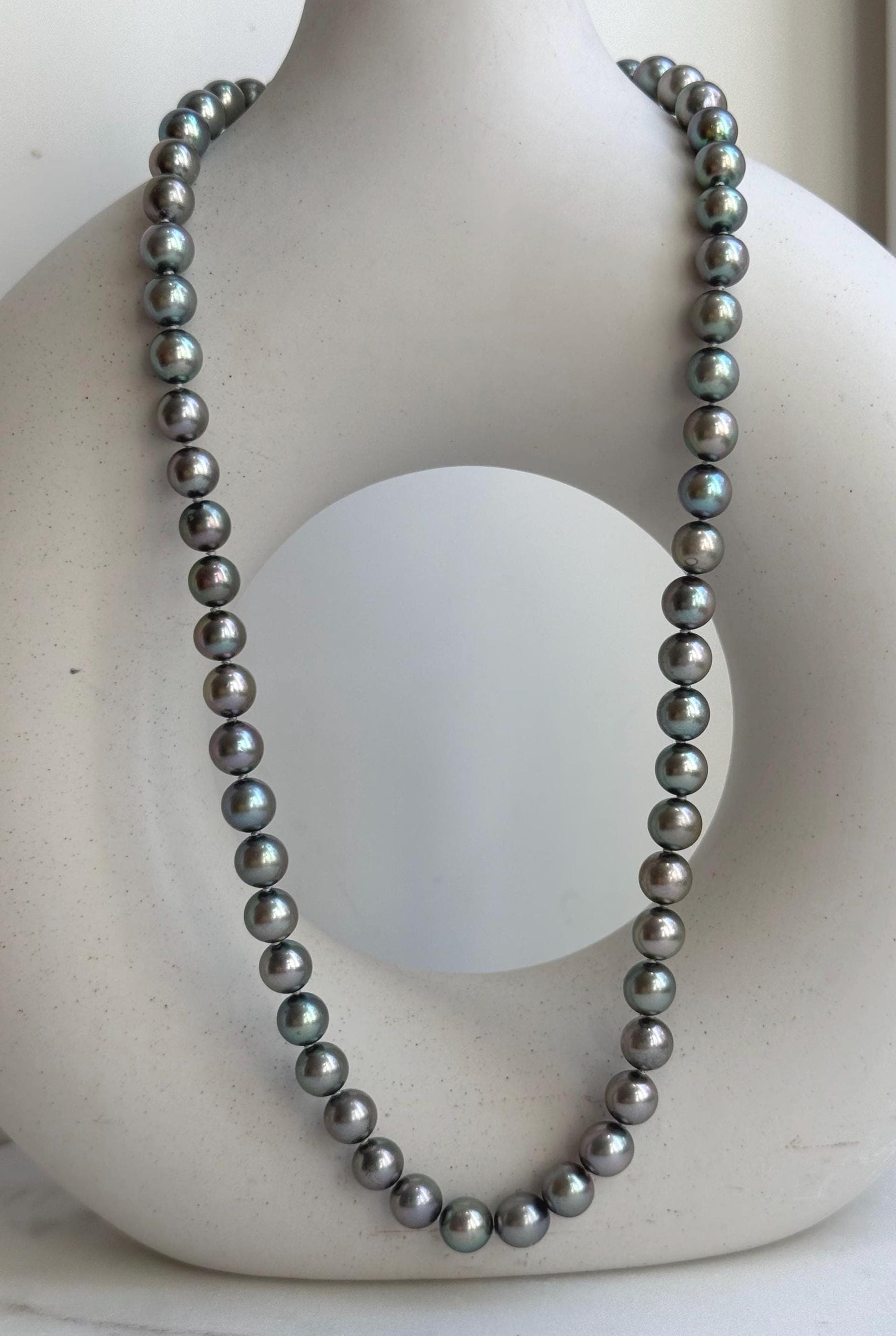 Elly’s 7-7.5mm 57pcs Akoya peacock green ocean pearls necklace:Extreme luster mirrored, knotted, 18.1”, S925 silver necklace strand. gift for her holiday