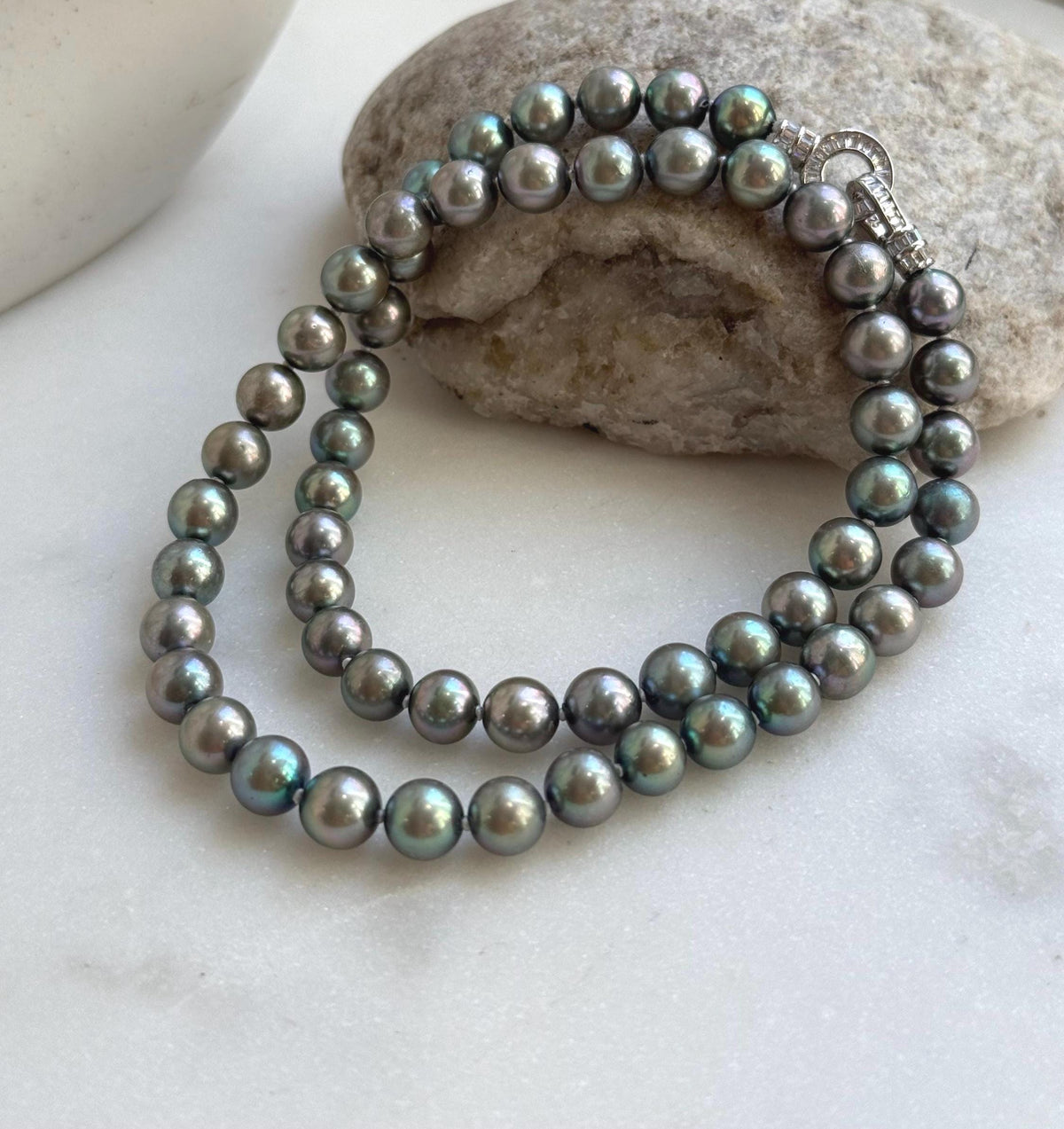 Elly’s 7-7.5mm 57pcs Akoya peacock green ocean pearls necklace:Extreme luster mirrored, knotted, 18.1”, S925 silver necklace strand. gift for her