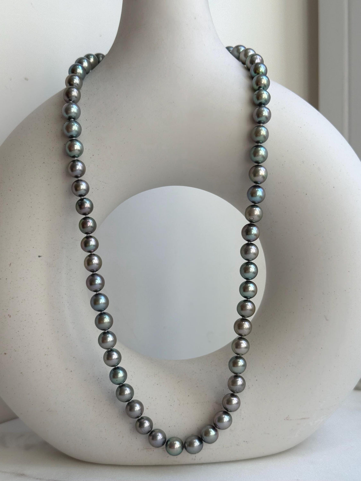 Elly’s 7-7.5mm 57pcs Akoya peacock green ocean pearls necklace:Extreme luster mirrored, knotted, 18.1”, S925 silver necklace strand. gift for her