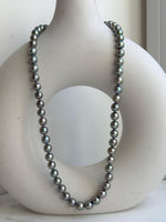 Elly’s 7-7.5mm 57pcs Akoya peacock green ocean pearls necklace:Extreme luster mirrored, knotted, 18.1”, S925 silver necklace strand. gift for her