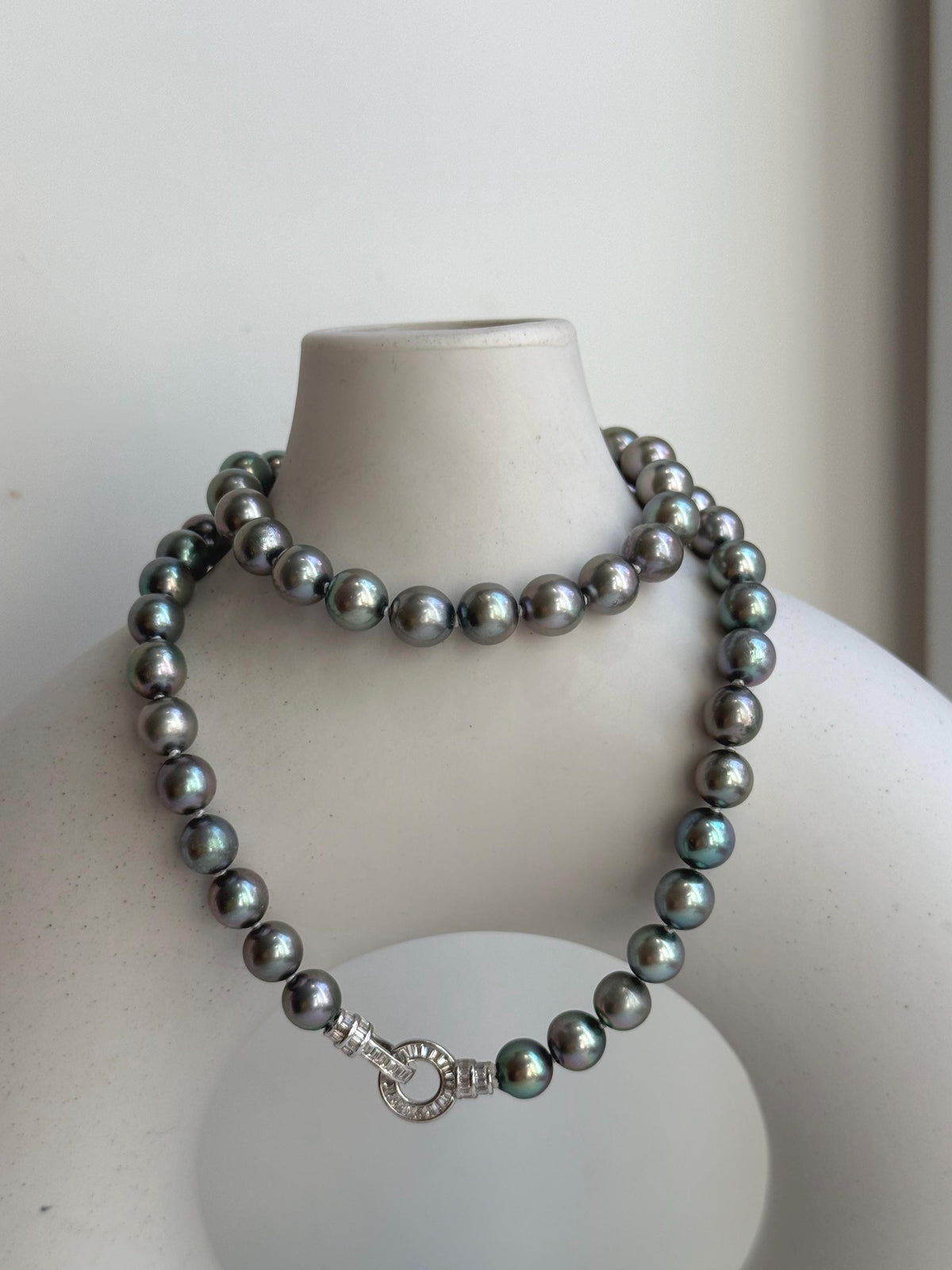 Elly’s 7-7.5mm 57pcs Akoya peacock green ocean pearls necklace:Extreme luster mirrored, knotted, 18.1”, S925 silver necklace strand. gift for her party