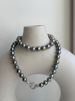 Elly’s 7-7.5mm 57pcs Akoya peacock green ocean pearls necklace:Extreme luster mirrored, knotted, 18.1”, S925 silver necklace strand. gift for her party