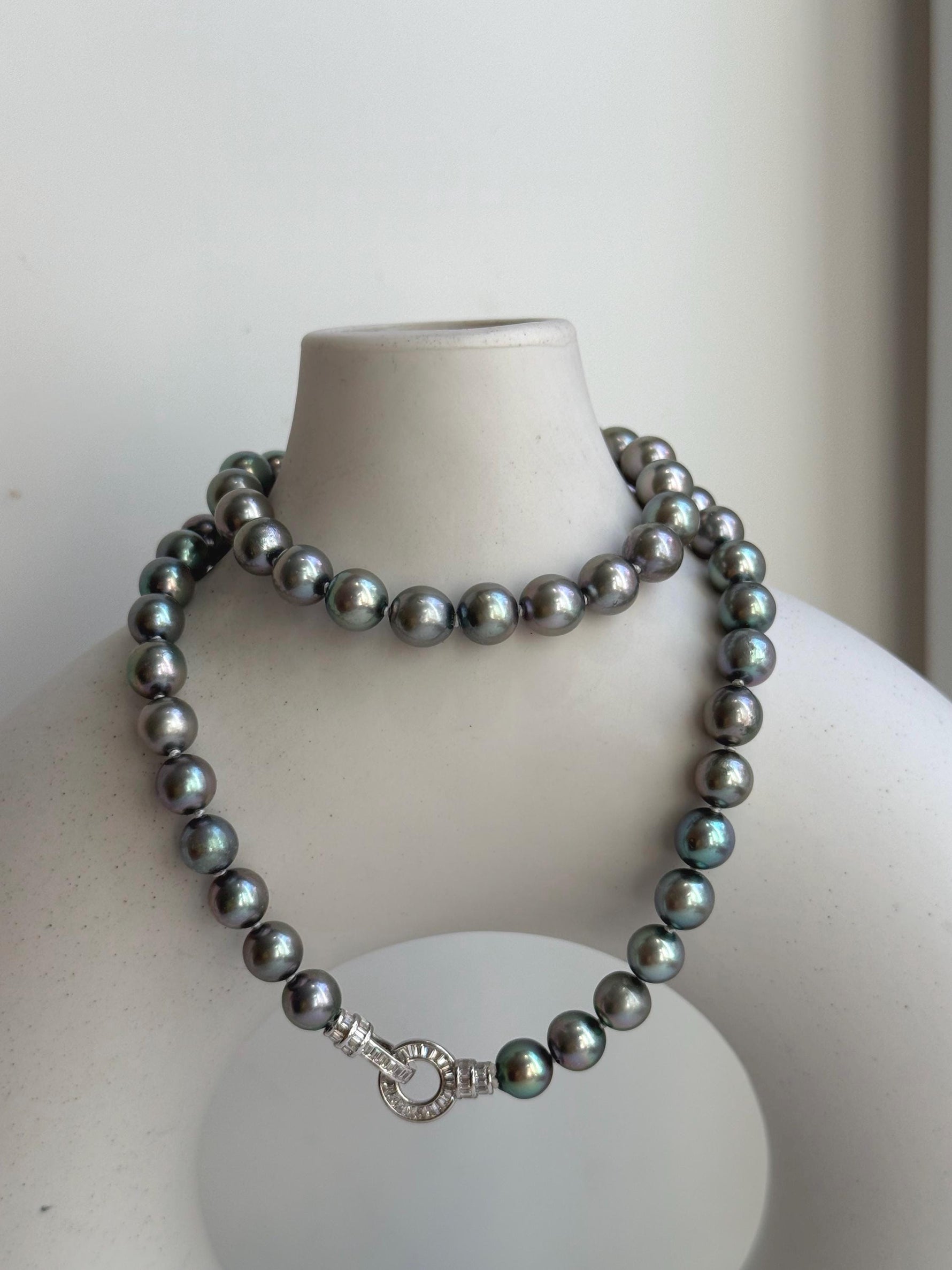 Elly’s 7-7.5mm 57pcs Akoya peacock green ocean pearls necklace:Extreme luster mirrored, knotted, 18.1”, S925 silver necklace strand. gift for her party