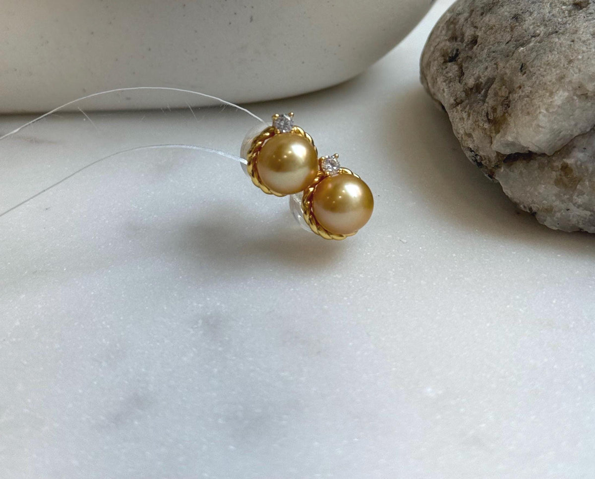 Elly’s 9.1mm Edison deep gold Pearls Earrings studs: Extreme luster Mirrored,  1.1x1.3cm, S925 silver earrings studs. gift for her elegant earrings