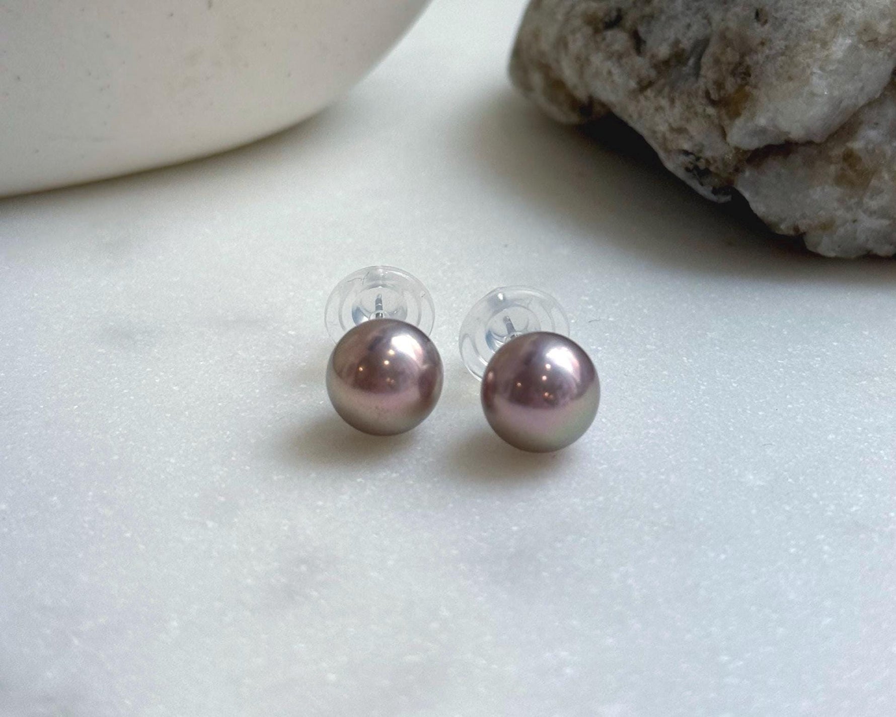 Elly’s 9.9mm Edison Metallic Rose Pearls Earrings studs: Extreme luster Mirrored, S925 silver Classic minimalist earrings studs. gift for her