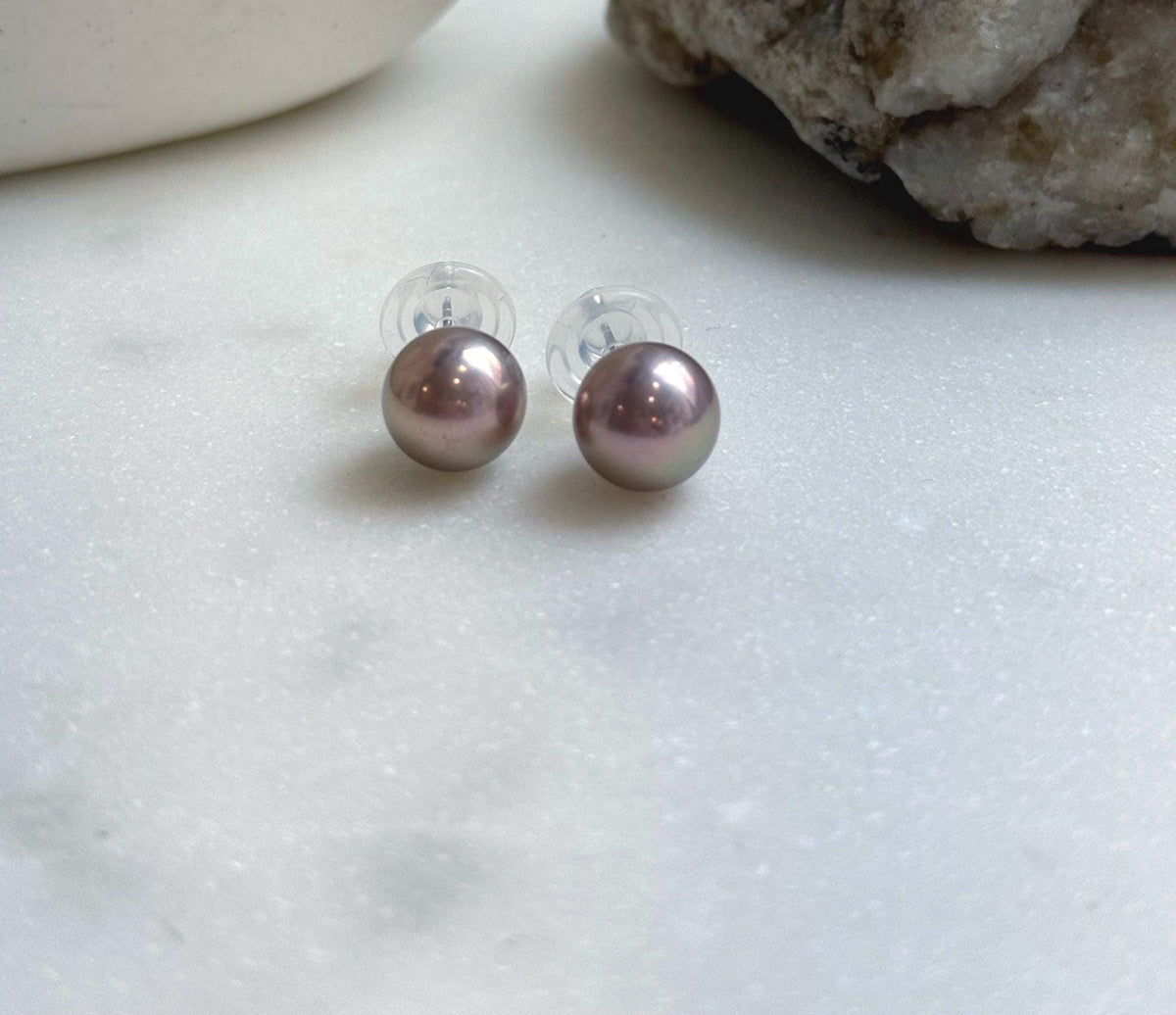 Elly’s 9.9mm Edison Metallic Rose Pearls Earrings studs: Extreme luster Mirrored, S925 silver Classic minimalist earrings studs. gift for her daily office pearls earrings