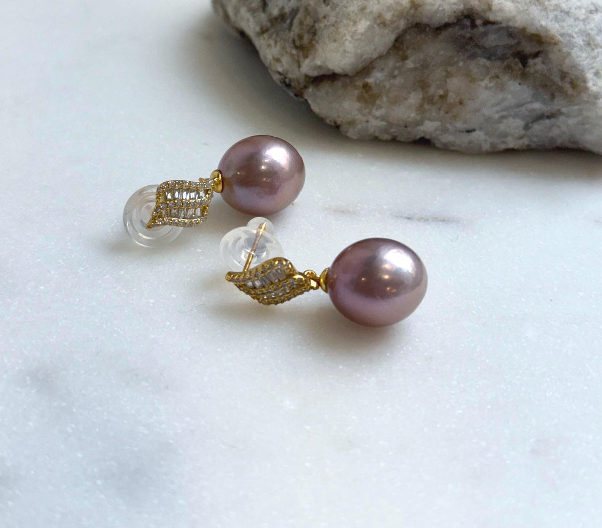 Elly’s 12.6x14.1mm Edison Pearls Earrings: Extreme luster Mirrored, metallic rose pearls green hue, 2.8cm high, S925 silver dangle earrings. daily office pearls earrings