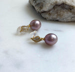 Elly’s 12.6x14.1mm Edison Pearls Earrings: Extreme luster Mirrored, metallic rose pearls green hue, 2.8cm high, S925 silver dangle earrings. daily office pearls earrings