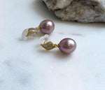 Elly’s 12.6x14.1mm Edison Pearls Earrings: Extreme luster Mirrored, metallic rose pearls green hue, 2.8cm high, S925 silver dangle earrings. daily office pearls earrings