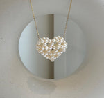 Elly’s 3D Heart white small pearls pendant: Extreme luster mirrored, 3.9-4.5mm, 3.5x3cm, S925 silver chain set. Pearl jewelry idea.