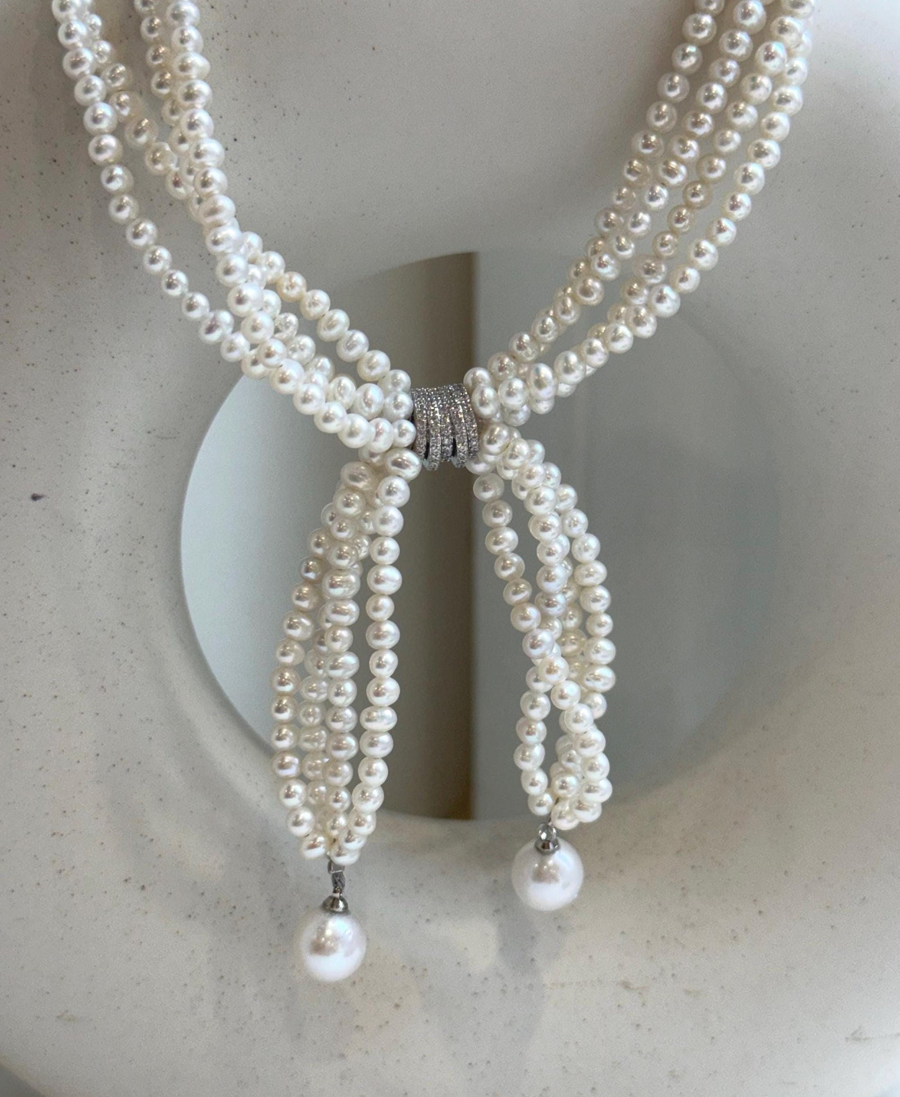 Elly’s 4-ply 3-4mm white keshi pearls necklace: Extreme luster, Handmade, 17.3”, fancy necklace strand.
