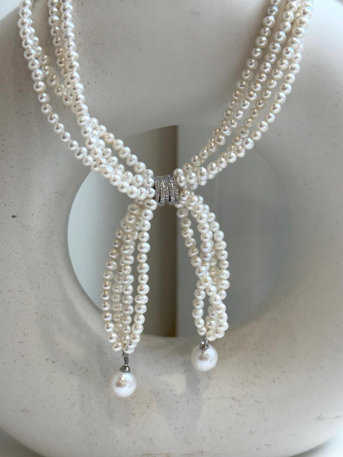Elly’s 4-ply 3-4mm white keshi pearls necklace: Extreme luster, Handmade, 17.3”, fancy necklace strand. gift for her