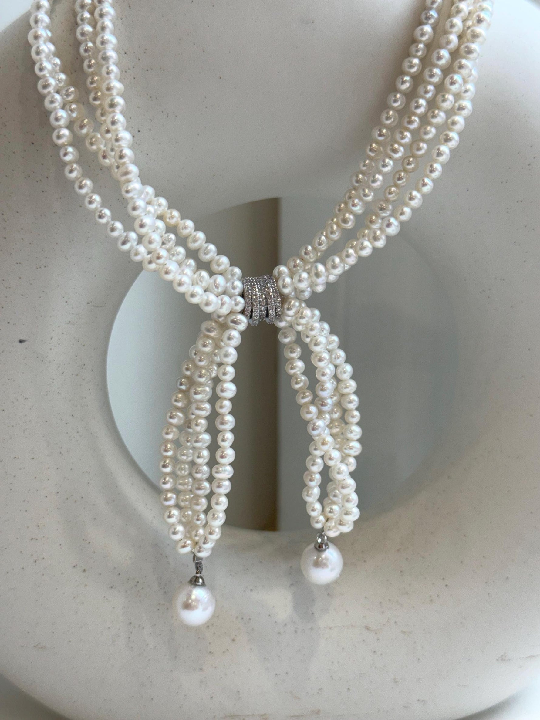 Elly’s 4-ply 3-4mm white keshi pearls necklace: Extreme luster, Handmade, 17.3”, fancy necklace strand. gift for her