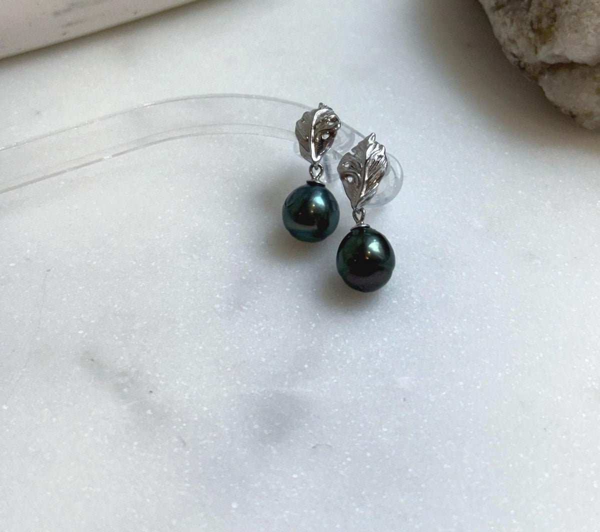 Elly’s 8.7mm Tahitian Peacock green ocean pearls leaf earrings: Extreme luster mirrored, 2.4cm high, silver earrings. Pearl jewelry idea. gift for her