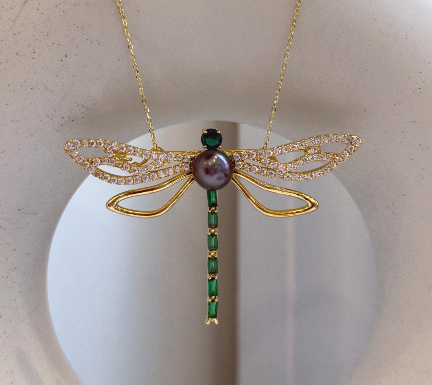 Elly’s Tahitian peacock purple Ocean Pearl dragonfly Brooch pendant 2in1: Extreme luster mirrored, 8.6mm, 6.2x4.4cm, gift for her