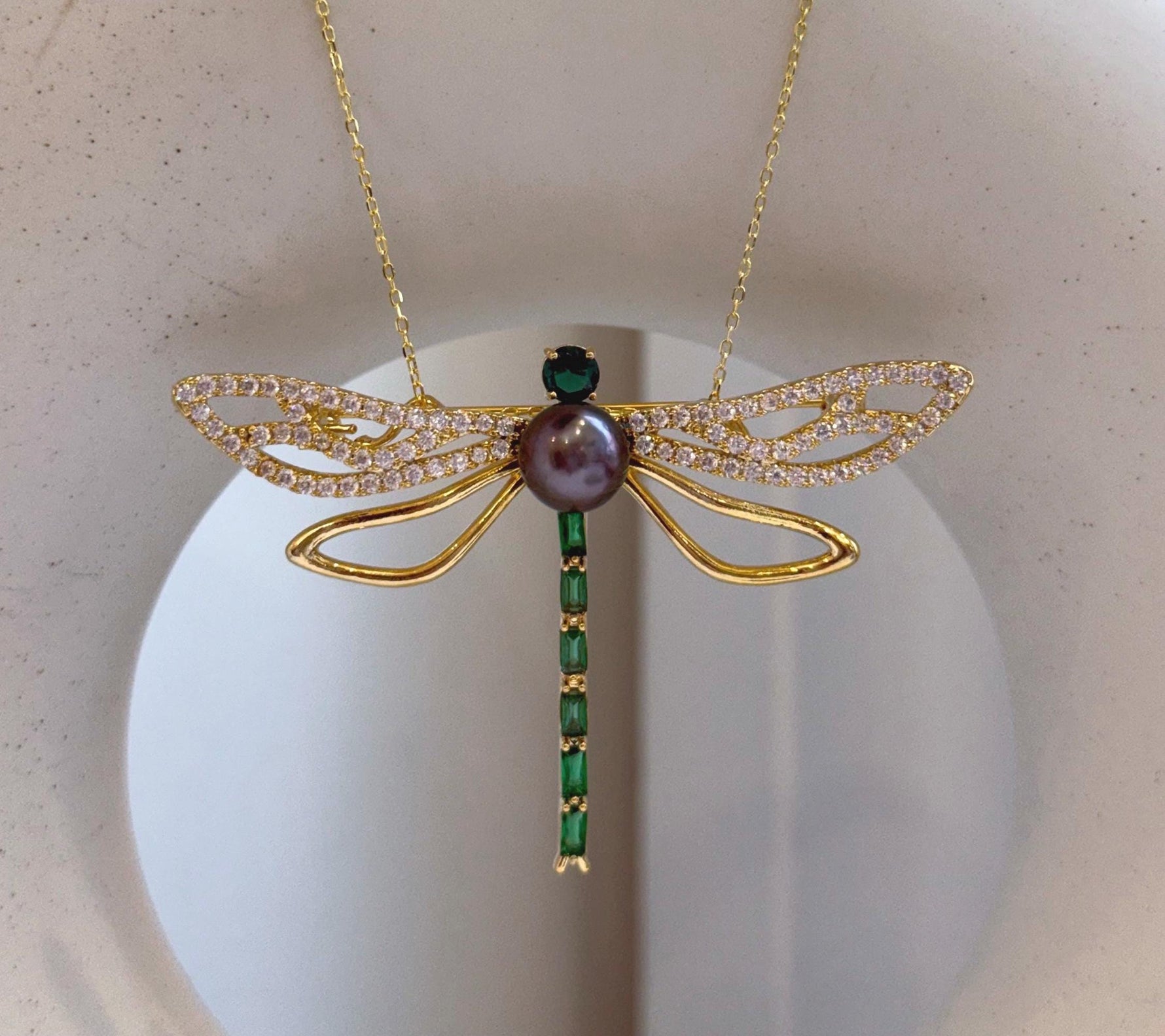 Elly’s Tahitian peacock purple Ocean Pearl dragonfly Brooch pendant 2in1: Extreme luster mirrored, 8.6mm, 6.2x4.4cm, gift for her