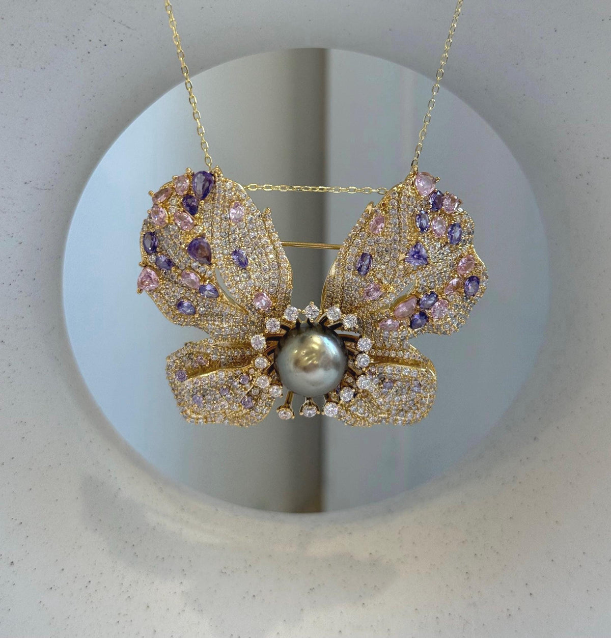 Elly’s Tahitian olive gold Ocean Pearl butterfly Brooch pendant 2in1: Extreme luster mirrored, 9.1mm, 5x4cm, no chain. gift for her anniversary