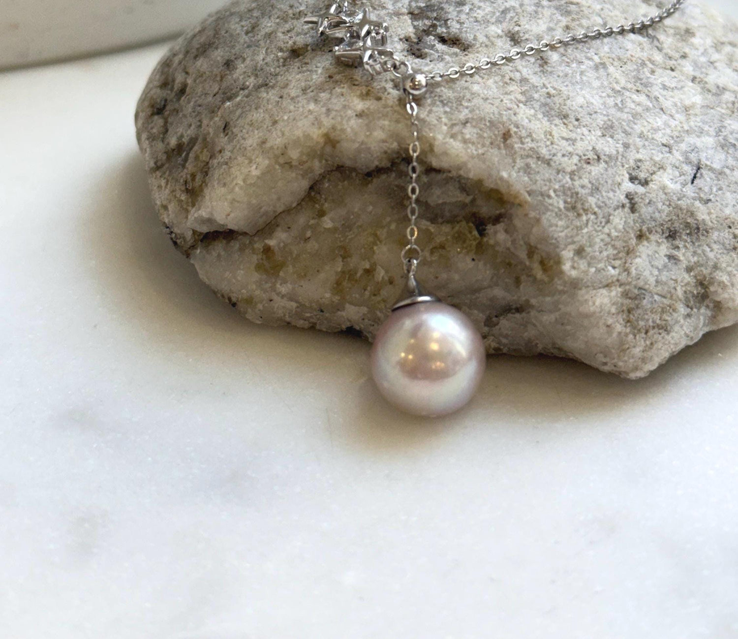 Elly’s 13.1mm Rose Edison Pearl pendant necklace set: Extreme luster mirrored, S925 silver Star Y-Lariat chain set. gift for her