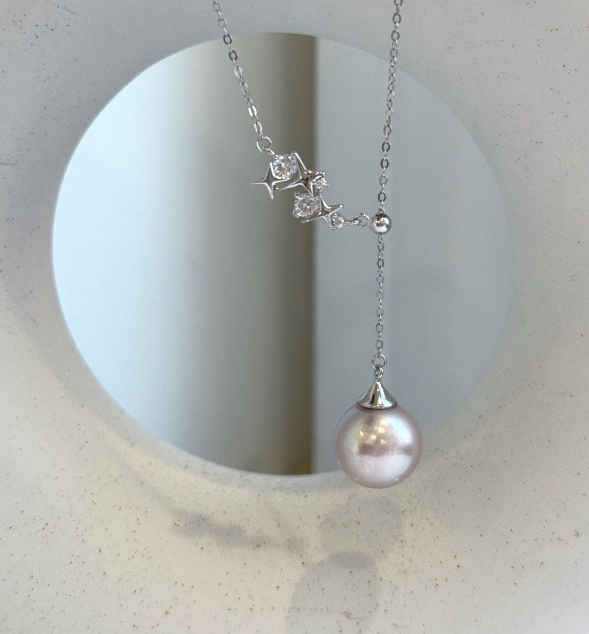 Elly’s 13.1mm Rose Edison Pearl pendant necklace set: Extreme luster mirrored, S925 silver Star Y-Lariat chain set. gift for her