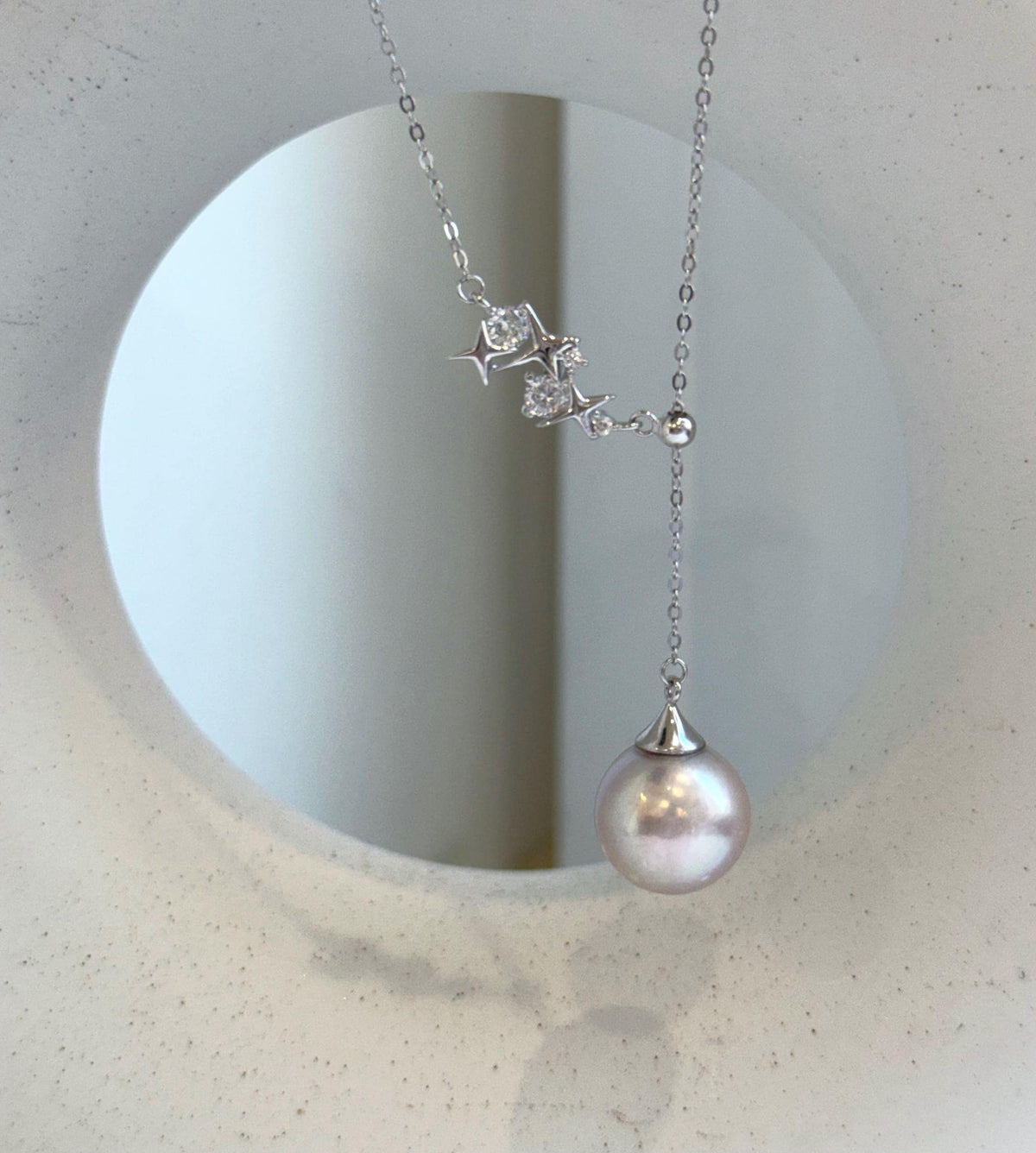 Elly’s 13.1mm Rose Edison Pearl pendant necklace set: Extreme luster mirrored, S925 silver Star Y-Lariat chain set. gift for her