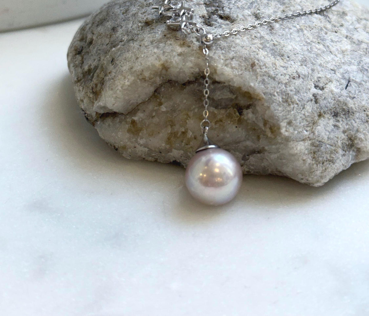 Elly’s 13.1mm Rose Edison Pearl pendant necklace set: Extreme luster mirrored, S925 silver Star Y-Lariat chain set. gift for her