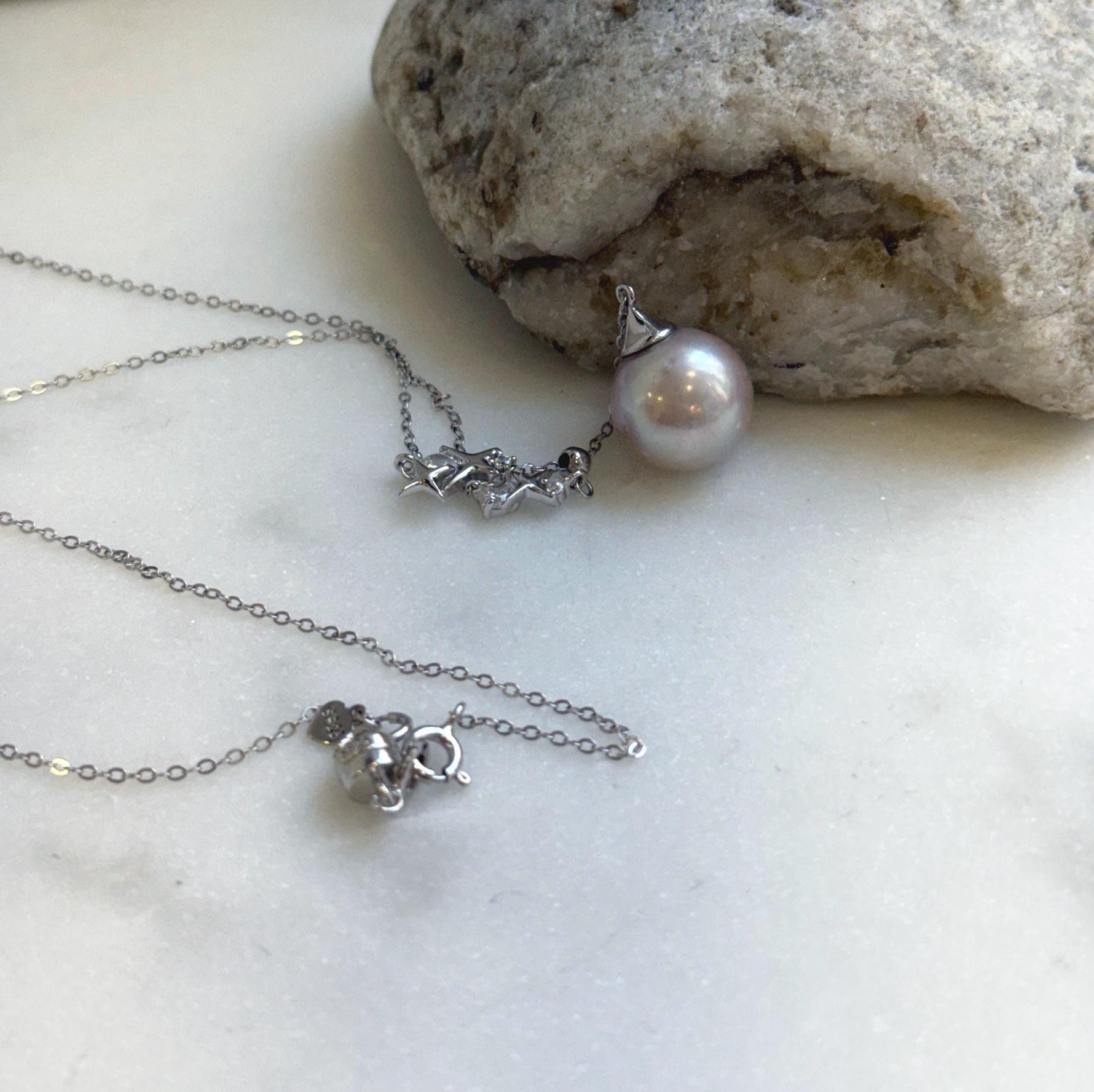 Elly’s 13.1mm Rose Edison Pearl pendant necklace set: Extreme luster mirrored, S925 silver Star Y-Lariat chain set. gift for her
