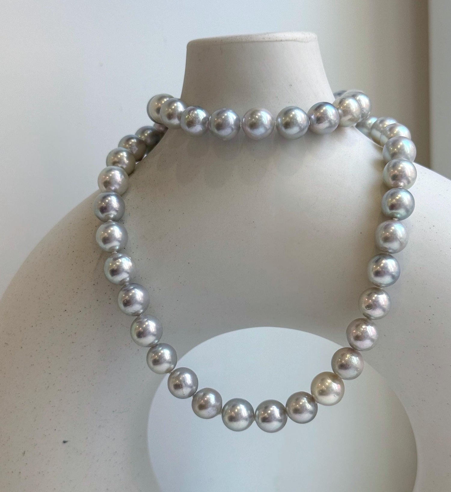 Elly’s 48pcs 8.1-8.5mm Akoya natural blue silver ocean pearls necklace strand, extreme luster mirrored, 18.2” knotted, S925 silver necklace. gift for her