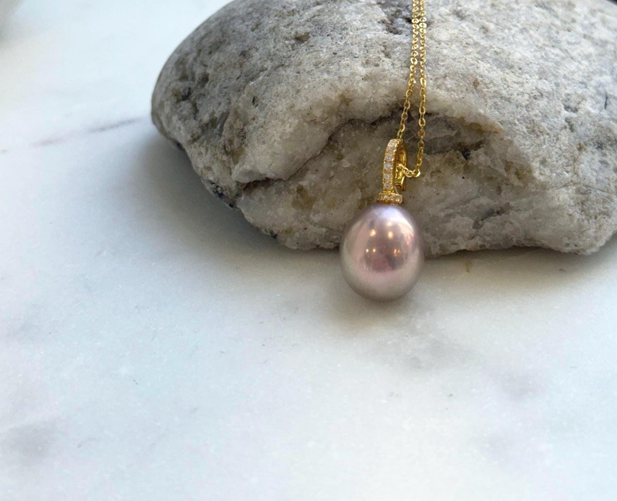 Elly’s 12.9x14.3mm Edison Pearl Pendant: Extreme luster mirrored, metallic rose pearl, 2.5cm, s925 silver minimalist pendant necklace set.gift for her birthday