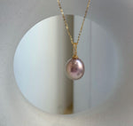 Elly’s 12.9x14.3mm Edison Pearl Pendant: Extreme luster mirrored, metallic rose pearl, 2.5cm, s925 silver minimalist pendant necklace set.gift for her