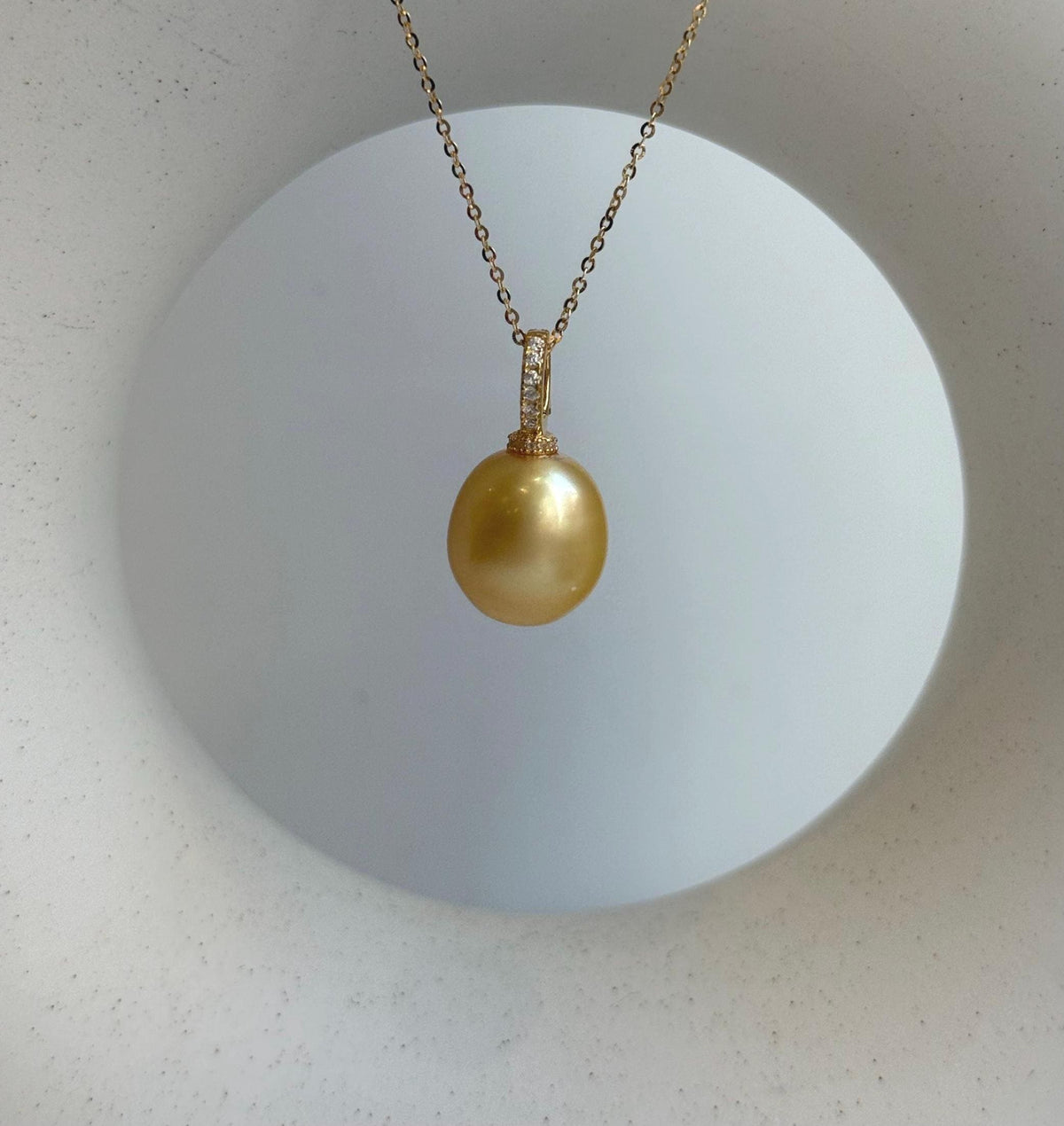Elly’s 13.4x14.7mm South Sea ultra Golden ocean pearl Pendant: Strong luster, 2.4cm high, S925 Silver minimalist pendant Chain Set.gift for her