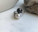 Elly’s Australian Ocean White Tahitian ocean Double pearls Ring: 9.2-10.2mm, Extreme luster mirrored, S925 Silver Adjustable Ring. gift for her