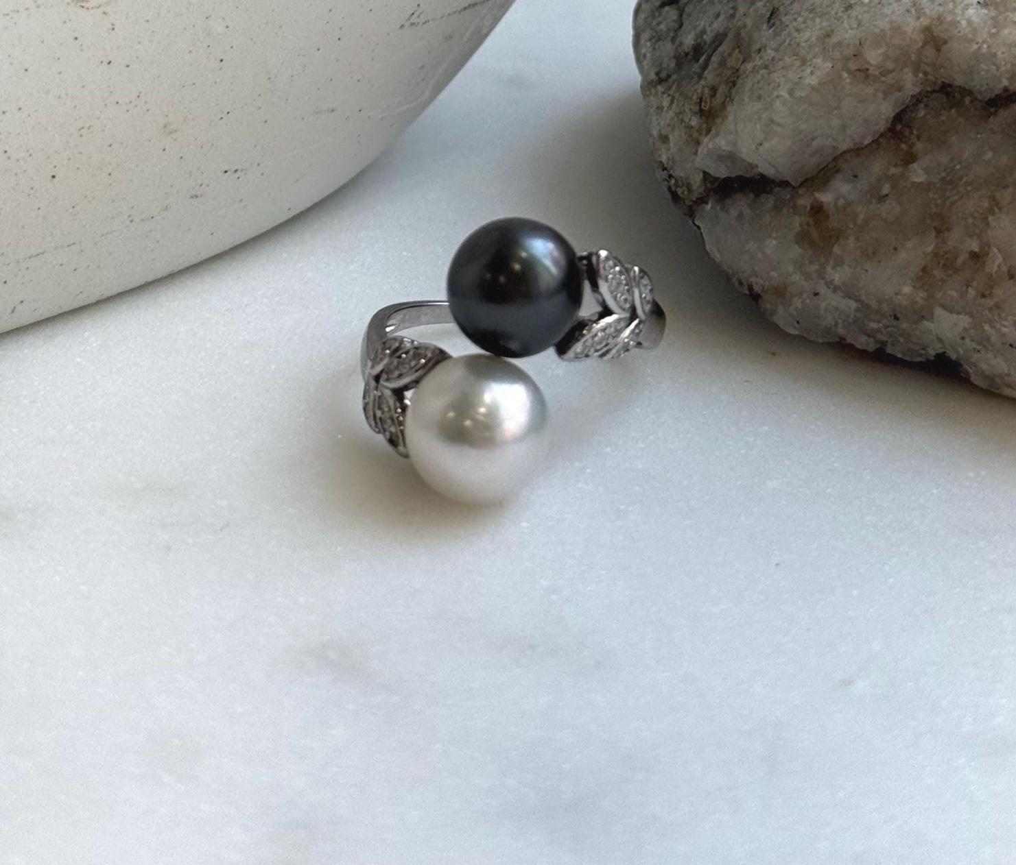 Elly’s Australian Ocean White Tahitian ocean Double pearls Ring: 9.2-10.2mm, Extreme luster mirrored, S925 Silver Adjustable Ring. gift for her
