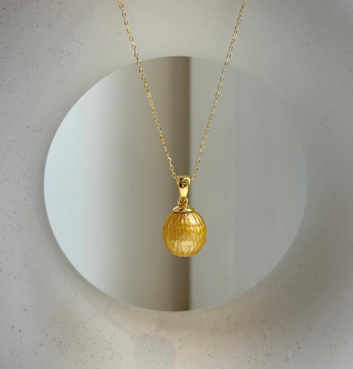 Elly’s 12mm South Sea deep Golden Carved ocean Pearl pendant: Extreme luster, 2cm high, S925 silver chain set. gift for her daily golden pearl Pendant